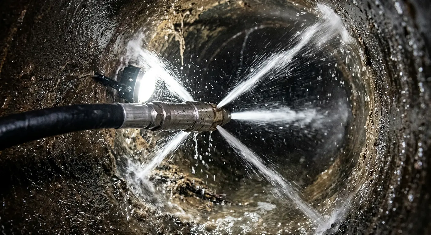 High-pressure hydro jetting nozzle cleaning sewer pipe for Trenchless Sewer Repair in Compton