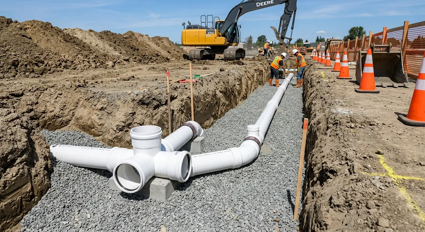 New PVC sewer pipe installation in open trench for Sewer Backup in Compton