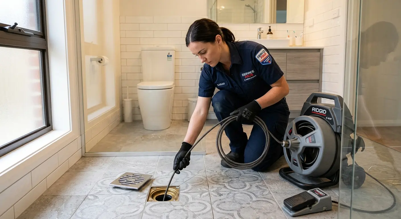 Technician clearing a bathroom floor drain for Clogged Drain Repair in Compton